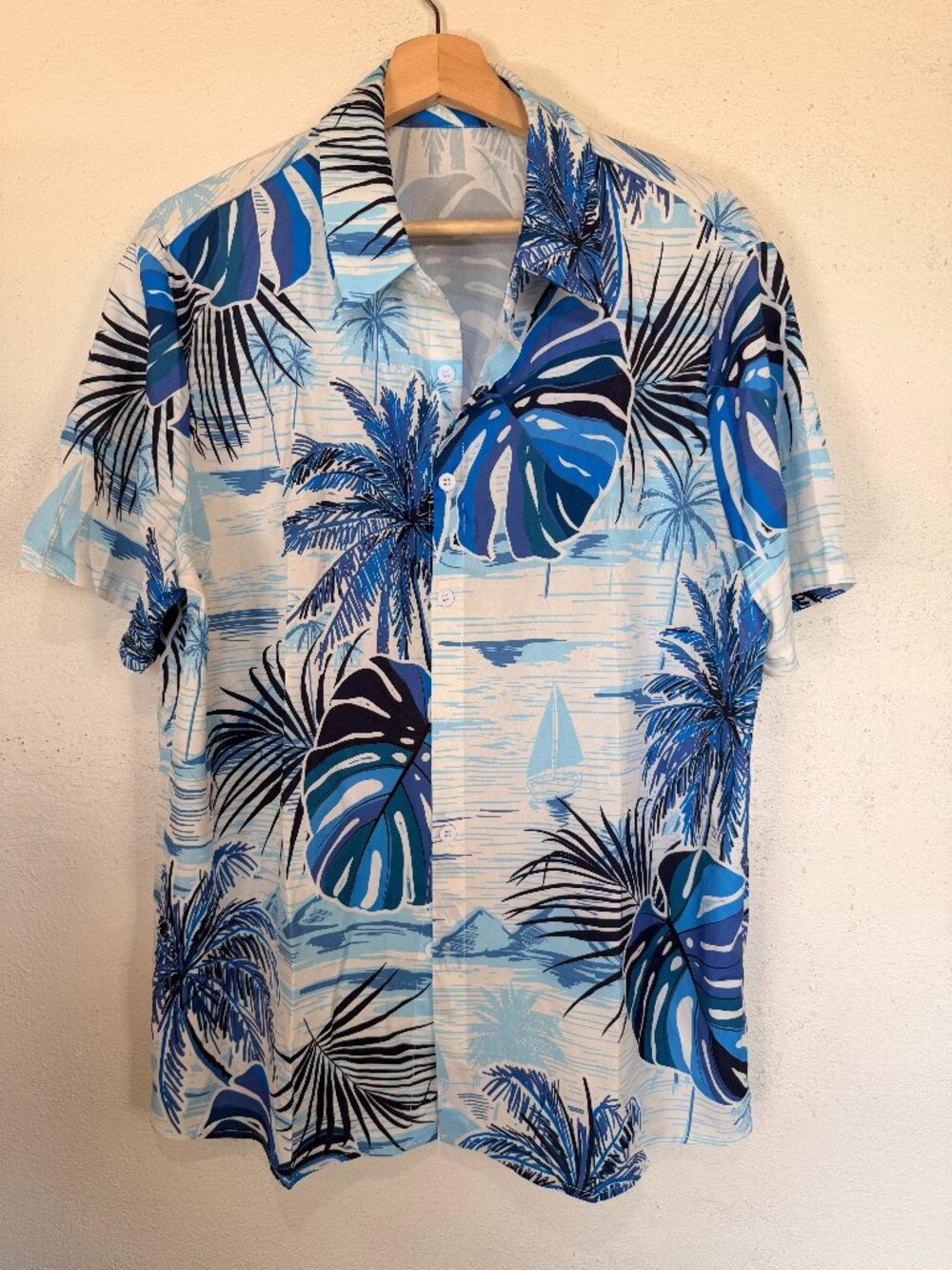 Blue & White Monstera Button Shirt